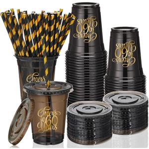 150 Pcs 60th Birthday Cups 12 oz Cheers to 60 Years Disposable Plastic Cups Black Gold Cold Beverage Drinking Tumblers Bulk for Men Women Birthday Wedding Anniversary Party Decorations Favors