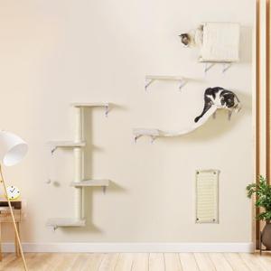 Modern Wall-Mounted Cat Furniture - 5pcs Cat Wall Shelves, Wooden Climber Includes House, Bridge, Tree, Steps, and Scratcher