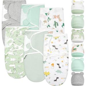 Ramede 6 Pack Baby Swaddle Blanket with Hats Sleep Swaddle for 0-3 Months Newborn Sacks Soft Cotton Wearable for Boy Girl (Green)