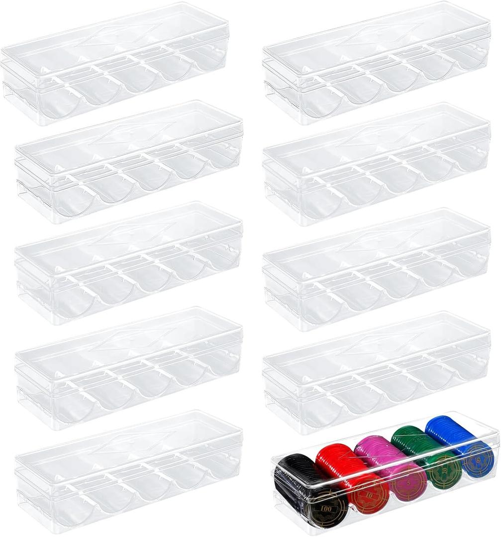 SENENQU 10 Pack Clear Acrylic Poker Chip Rack with Lids, Casino Poker Chip Tray Rack Chip Storage Display Case for Texas Hold'em, Blackjack, 100 Chips Each