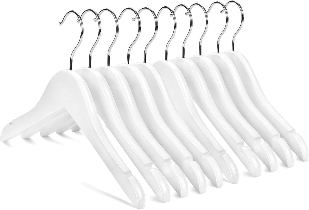 Nature Smile Kids Baby Children Toddler Wooden Shirt Coat Hangers with Notches and Anti-Rust Chrome Hook Pack of 10 (White)