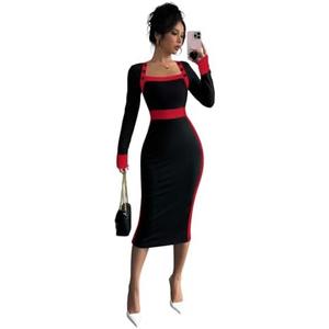 SOLY HUX Women's Long Sleeve Square Neck Bodycon Elegant Midi Dress Pencil Cocktail Party Dresses, Small