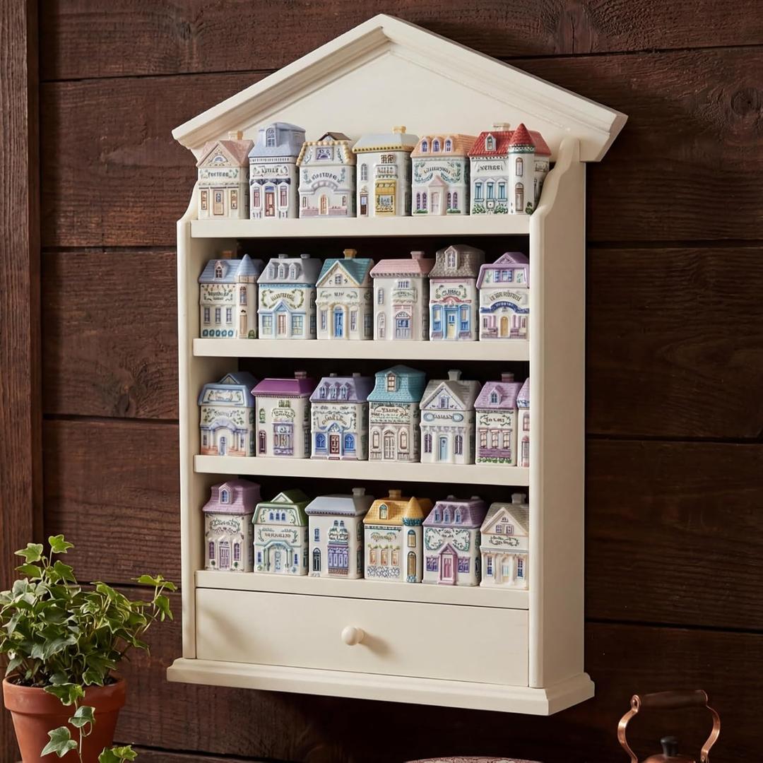 Chunful Vintage Wooden Spice Rack Village Style Display Shelf for 24 Jars