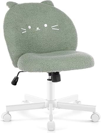 Vanity Chair with Cat Back,Armless Small Office Desk Chair, Gray, Teddy Fabric, 120°Tilting,Rolling,Swivel,Adjustable Height,Cute Plush Computer Chair for Vanity,Kids Room,Office,Bedroom