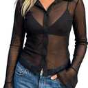 Sheer Button Down Shirts for Women See Through Mesh Long Sleeve Button Up Blouse Shirt Sexy Going Out Tops Streetwear (Black, S)