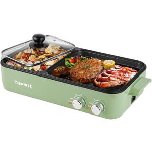 Topwit Hot Pot Electric with Grill, 2 in 1 Indoor Non-Stick Electric Pot and Griddle for Korean BBQ, Steaks, Shabu Shabu and Noodles, Independent Dual Temperature Control, Fast Heating, Green