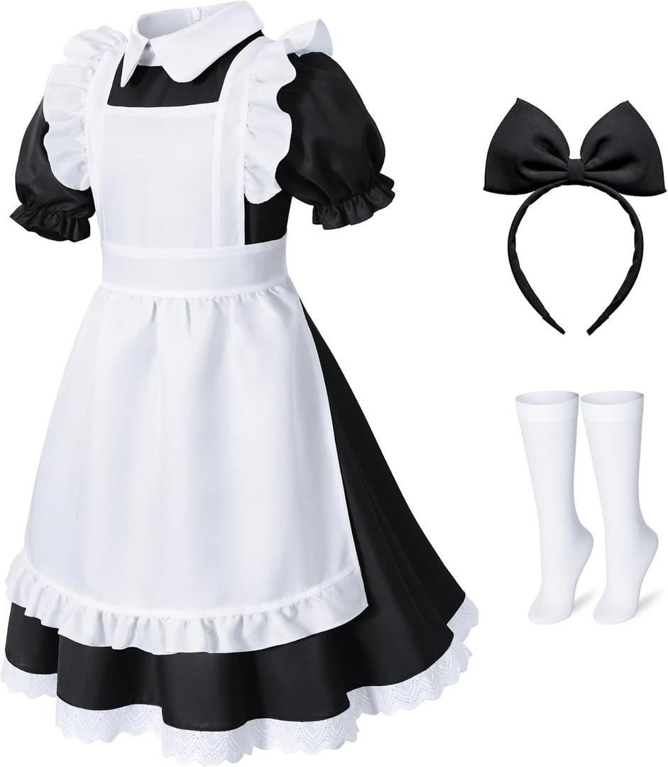 Irtysh Girl Blue Dress White Apron Halloween Cosplay Costume With Bow Hair Band Stockings Set (Black)
