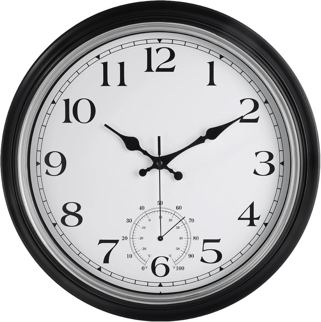 JoFomp Large Waterproof Outdoor Clock with Thermometer Combo - 16 inch Silent Non Ticking Quartz Battery Operated Wall Clock for Patio, Home, Pool, Garden, Porch, Deck (Silver, 16 Inch)