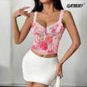 LEACOOLKEY Lace Corset Top for Women Sexy Sheer Floral Bustier Going Out Lace-up Bralette Club Party Concert Crop Top (Pink, M)
