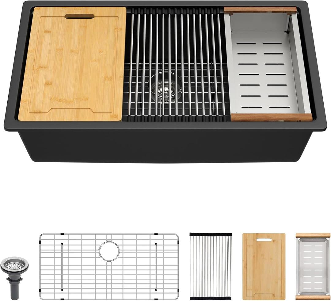 Lordear 33 Black Kitchen Sink Granite Composite Undermount Sink 33x19 Inch Quartz Composite Black Deep Single Bowl Workstation Undermount Kitchen Sinks