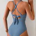 B2prity Women's One Piece Swimsuits Tummy Control Front Cross Bathing Suits Tie Back Slimming V Neck Swimwear (Blue, M)