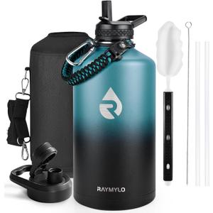 RAYMYLO One Gallon Water Bottle Insulated, Triple Walled Vacuum Stainless Steel (Cold for 48 Hrs), Leak Proof & Non-BPA, Large Water Flask Jug with Paracord Handle & Straw Spout Lids, Indigo/Black, 128 Ounces