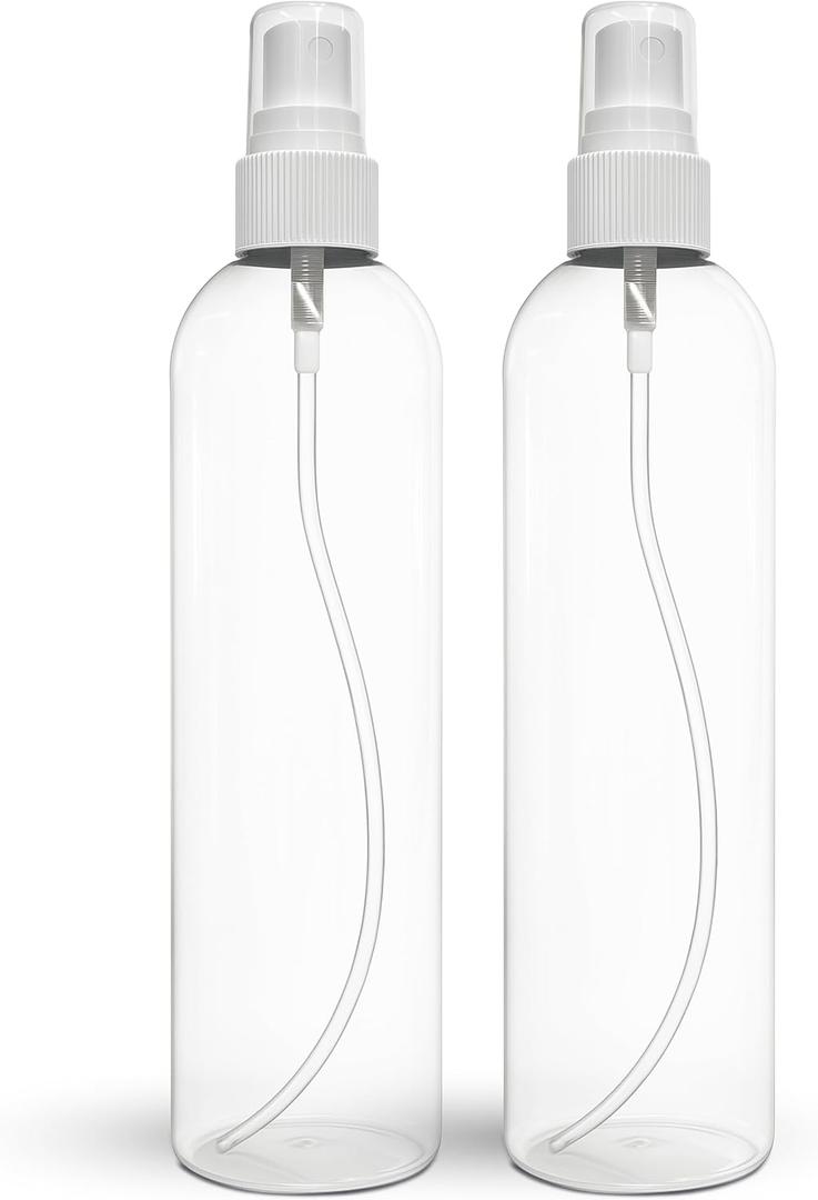 BRIGHTFROM Fine Mist Spray Bottles 8 OZ, Empty Refillable Containers - Essential Oils, Disinfectant Spray, Water 2 PACK (Clear, White Mist)