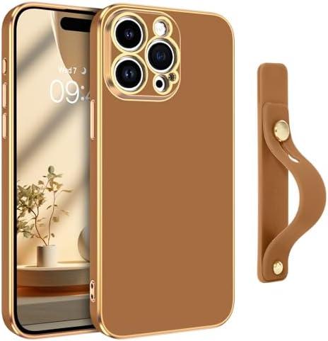 GUAGUA for iPhone 15 Pro Case 6.1 Inch with Wrist Strap Slim Soft Electroplated TPU iPhone 15 Pro Phone Case Shockproof Protective Adjustable Wristband Kickstand Case for iPhone 15 Pro, Coffee Brown