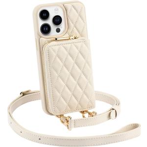 LAMEEKU Quilted Leather Wallet Case with Card Holder & Crossbody Strap for iPhone 12 Pro Max 6.7" - Beige