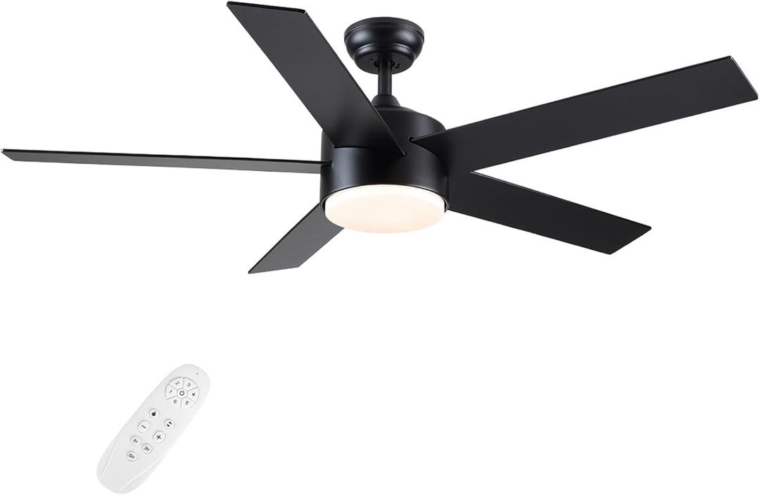 POCHFAN 52 inch Black Ceiling Fans with Lights and Remote Control, Noiseless Modern Ceiling Fan for Bedroom, Living Room, Dining Room, Dimmable 3CCT 6-Speed ETL Listed