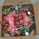 Christmas Wreath, 17-24 Inch Christmas Wreaths for Front Door with Lights Balls Red Bows Candy Canes Berries Pine Needles Greenery Wreath Xmas Decoration Ornaments Rustic Wall Porch Home Party Decor
