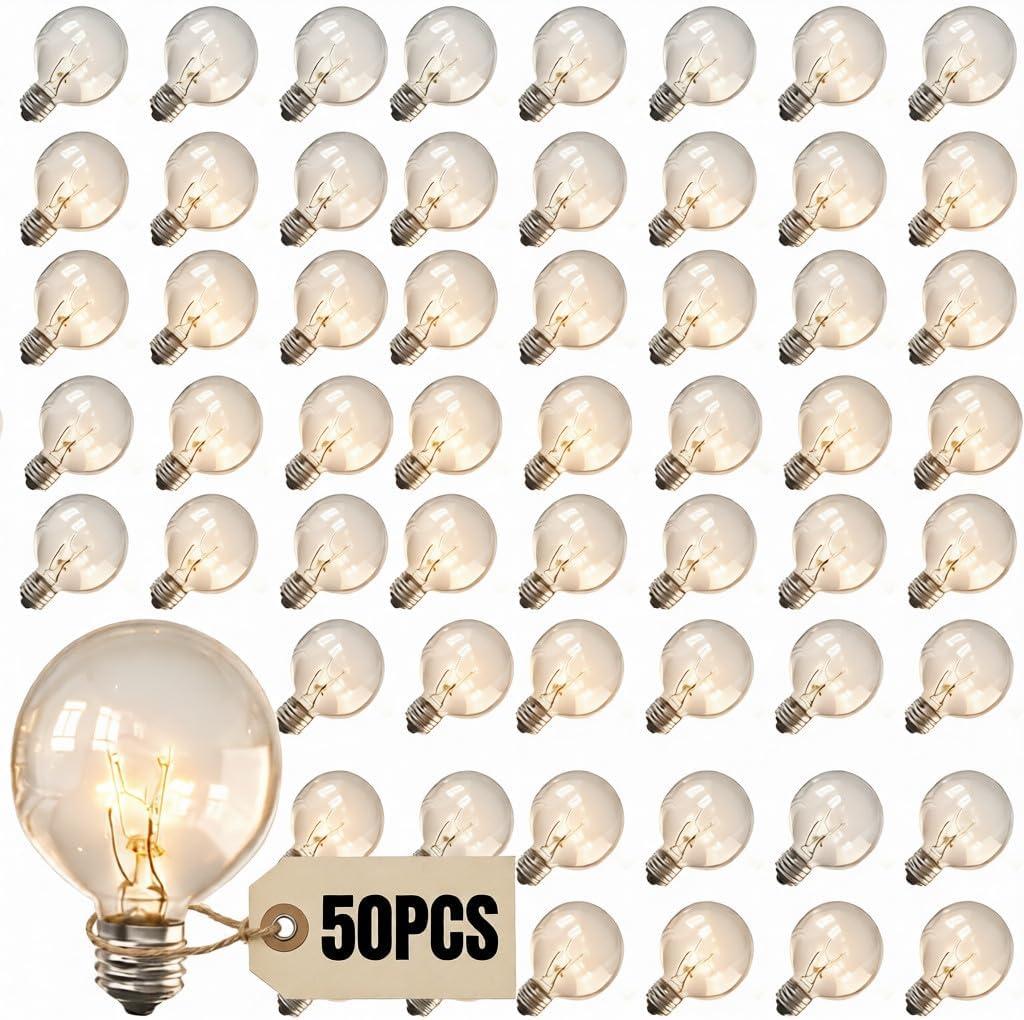 Abeja G40 Replacement Light Bulbs,Clear Globe Bulb fits E12 C7 Candelabra Screw Base Sockets, 1.5 Inch 5 watt Clear Glass Incandescent Bulbs for Indoor Outdoor Patio Decor, Warm White-50 Pack