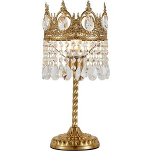 Vintage Gold Crown Shape Crystal Table Lamp for Living Room, Small Bedside Nightstand Lamp for Bedroom, Decorative Farmhouse Table Lamp Desk Lamp for Kitchen Dining Room Home Office