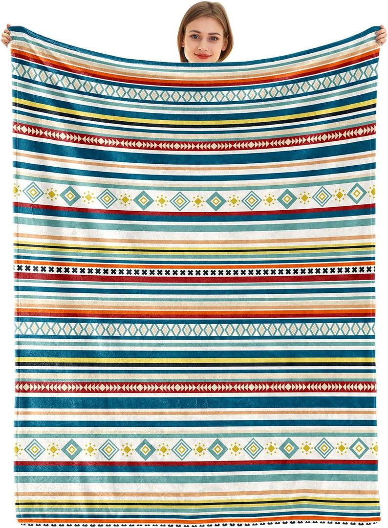 Bestraily Bohemian Throw Blanket Colorful Striped Throw Blanket Boho Flannel Fleece Throw Blankets Sherpa Cozy Fuzzy Plush Super Soft Throw Blankets for Sofa Bed Chair 60" X 80"