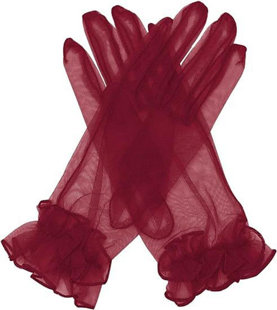 Women's Summer Tulle Gloves Pleated Ruffle Full Finger Wrist Length Opera Party Gloves (Burgundy)