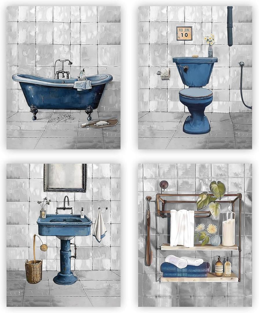NIIORTY Retro Blue Theme Bathroom Wall Art, Farmhouse Decoration, Vintage Style Canvas Prints for Shower Room Restroom Decor, Set of 4, (8x10 Inch Unframed)