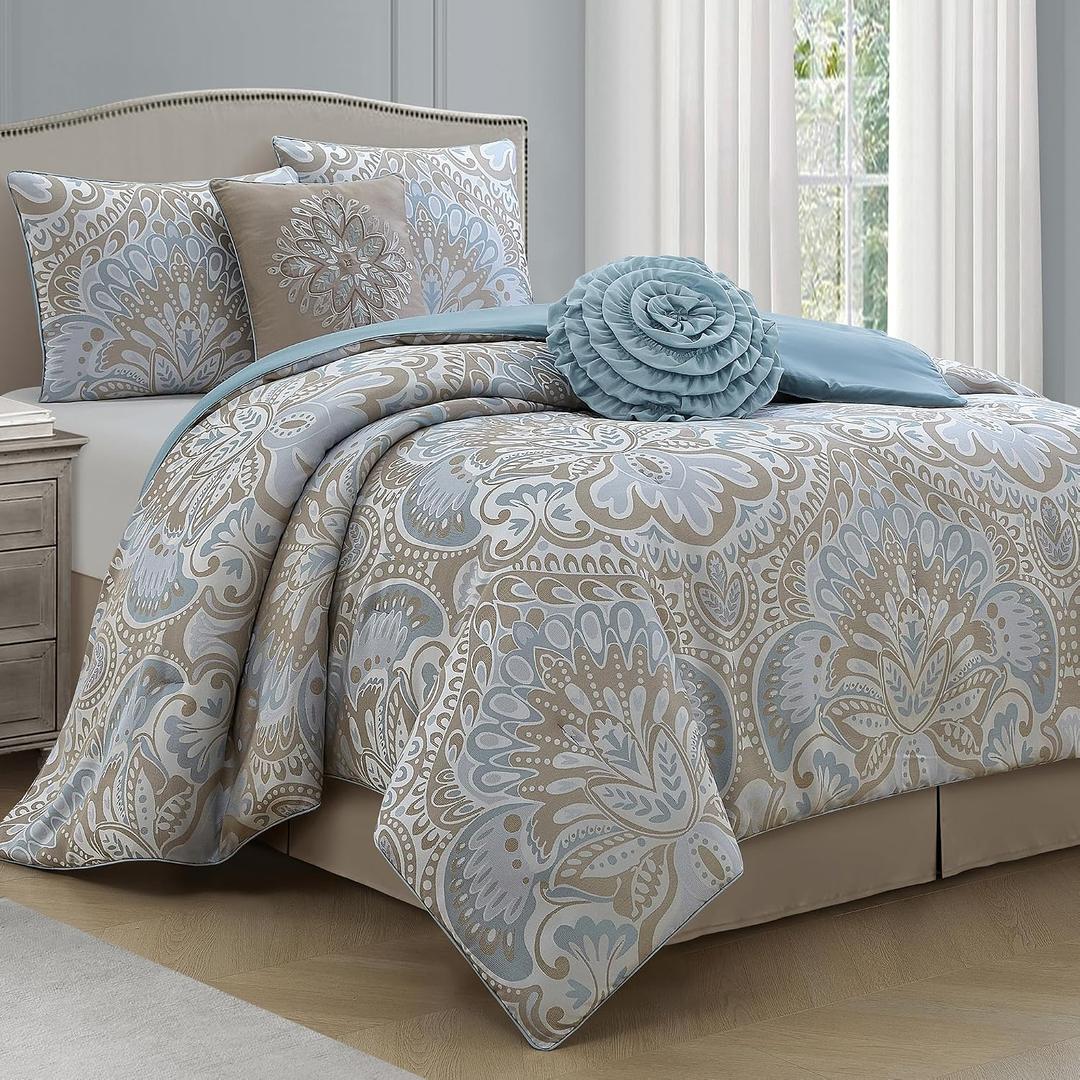 LANCO MODERN LIFESTYLE Blue Gold 6 Piece Comforter Set, King, Elegant Floral Jacquard, Ultra Soft Bed Set for All Seasons, Bed in a Bag, Include Comforter, Bed Skirt, Pillow Shams & Decor Pillows