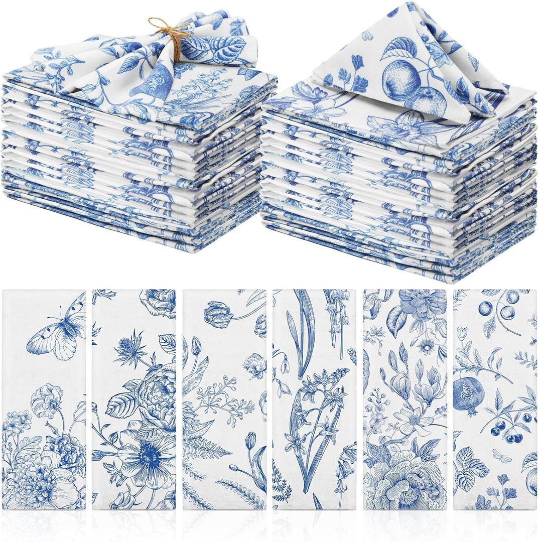 Cloth Napkins 15 x 15 Inch Reusable Soft Fabric Napkins Washable Plants Floral Square Napkin Cotton Dinner Towel Decorative for Summer Fall Party(Blue White Flower,24 Pcs)