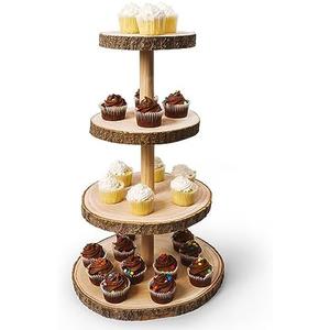 Wooden 4 Tier Rustic Cupcake Stand, Great for Wedding Cake Wood Display Tiered Centerpiece, Dessert Tower for Parties & Events