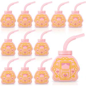 Newtay 12 Set Princess Carriage Cups with Straws and Lids, Pink Princess Birthday Party Supplies 10 oz Plastic Reusable Carriage Cups for Girl Themed Birthday Party Favor