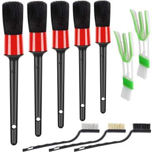 10pcs Auto Car Detailing Brush Set Car Interior Cleaning Kit Includes 5 Boar Hair Detail Brush,3 Wire Brush, 2 Air Vent Brush for Cleaning Car Interior Exterior, Dashboard Engines Leather Wheel (Red)