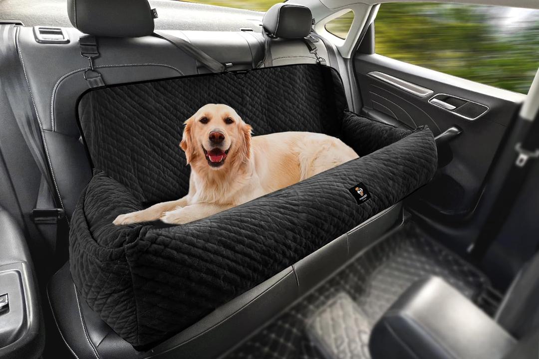 Dog Car Seat for Large Dog Car Bed Under 100LBS, Pet Booster Back Seat Removable Washable with Safety Tethers/Storage PocketBlack