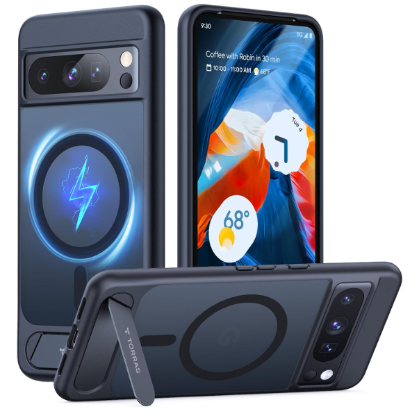 TORRAS Magnetic & Stand for Google Pixel 8 Pro Case, Fit for MagSafe, 12FT Mil-Grade Drop Protection, Slim Fit for Google Pixel 8 Pro Phone Case with Built-in Flush Kickstand, Translucent Matte Black 