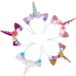 5PCS Glitter Unicorn Horn Headband, Flower Ears Unicorn Headbands for Girls, Birthday Unicorn Party Supplies, Cosplay Costume