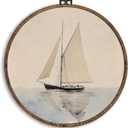 KFXHANGD Vintage Sailboat Round Wall Art Framed, Sailboat Wall Decor, Nautical Coastal Canvas Wall Art Decor, Nautical Hanging Decor for Bathroom Living Room Lake House Gallery, 10x10inch