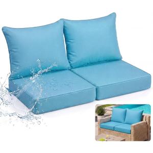 Juexica Sky Blue 24 x 24 Inch Outdoor Seat Cushion Set of 2, Waterproof Patio Furniture Cushions with Back Pillows and Ties, Deep Seat Replacement Cushions for Poolside Outdoor Beach Sofa Chair