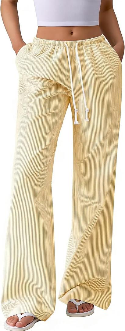 Women's Striped Wide Leg Linen Pants, Elastic Waist Drawstring with Pockets, Casual Lounge PJ Beach Pants for Summer, L