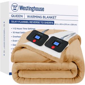 Westinghouse Electric Blanket Queen, Heated Blanket Queen Size with 10 Heating Levels and 1 to 12 Hours Heating Time Settings, Flannel to Sherpa Reversible, Machine Washable (84" x 90", Brown) (Queen 84"x90")