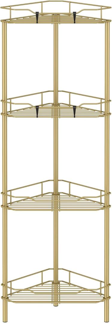 HuggieGems 4 Tier Floor Standing Corner Shower Caddy Organizer Shelf with Hooks, Bathroom Shelves Stand Rack, Gold