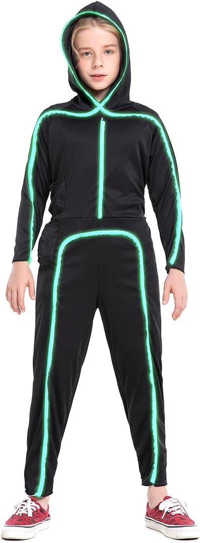 Stick Figure Costume Kids Stickman Jumpsuit with Light up Glasses Halloween Glow in the Dark Outfits for Boys Girls (Fluorescent Green, Large(9-10 Years))