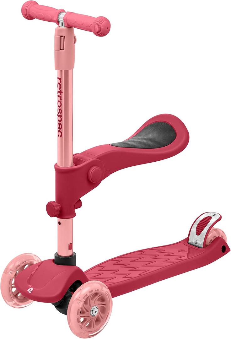 Retrospec Chipmunk Plus Kids Kick Scooter 3+ Years - Height Adjustable 3 Wheel Scooters - Learn to Steer, Foldable Seat, LED Lights, & No-Slip Deck (Bubblegum)