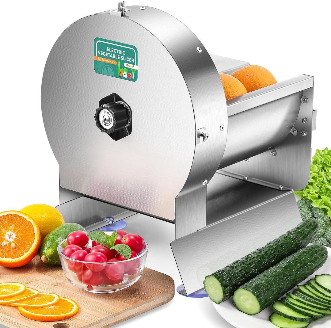 Newhai Electric Vegetable Slicer, Commercial Fruit Slicer 0-0.5'' Thickness Adjustable, Stainless Steel with Maual Mode & Complimentary Blades, for Potato Onion Tomato Lemon (110V)