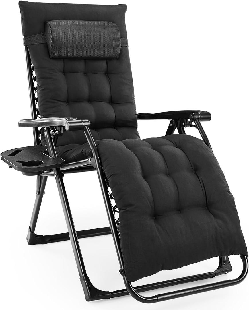 Sweetcrispy Zero Gravity Chair, Reclining Camping Lounge Chair for Indoor, Reclining Patio Chairs with Cup Holder Trays and Removable Cushion, Folding Recliner for Outdoor, Black