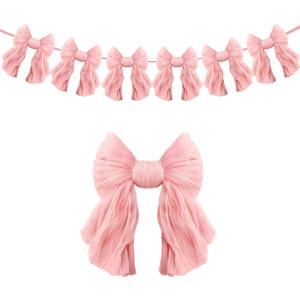 1 String of 6 Pink Bows Garland Banner Decoration, Adjustable Pre-Strung Ornaments for Birthday, Bachelorette Party, Bridal Shower, Wedding, Engagement, Baby Shower, Graduation Decor, Anniversary