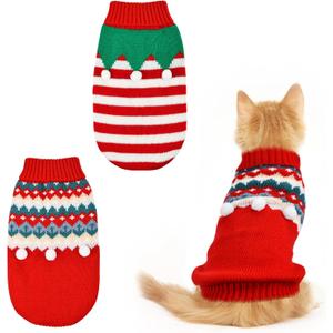 ShuRung 2PCS Puppy Christmas Sweater Cat Turtleneck Knitwear Xmas Elf Outfits Dog Warm Clothes Sweater for Kitties Puppies L