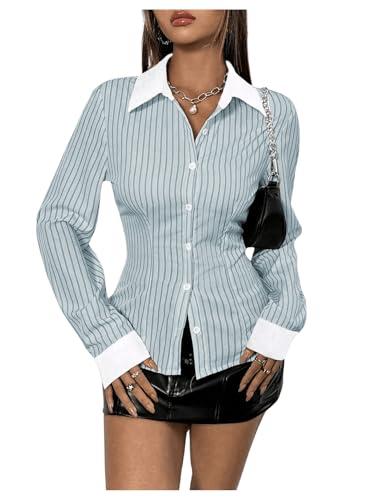 SweatyRocks Women's Striped Button Down Slim Fit Shirt Long Sleeve Collar Work Blouse Tops, Light Blue, Small