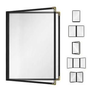 25 Pack Goodsmart Cafe Style Restaurant Menu Cover, 8.5x11 Side-Loading Double Stitched Edge Menu Sleeve, Crystal Clear Vinyl Menu Holder with Gold Decorative Corners (Black, 2 Pages / 4 Views)