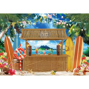 10x8ft Polyester Summer Tiki Bar Backdrop Hawaii Aloha Luau Tropical Luau Palm Floral Background Photography for Ocean Beach Wedding Baby Shower Party Decoration Banner Photo Booth Props