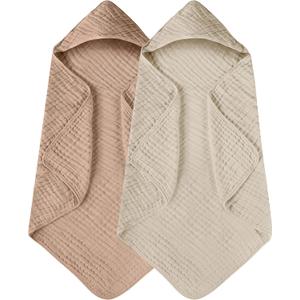 Yoofoss Hooded Baby Towels for Newborn 2 Pack 100% Muslin Organic Cotton Baby Bath Towel with Hood for Babies, Infant, Toddler and Kids, 32x32Inch, Soft and Absorbent Newborn Essential, Beige & Coffee