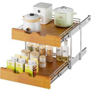 DINDON 2 Tier Pull Out Cabinet Organizer (17" W x 21" D) Slide Out Wood Shelf Double Tier Kitchen Wire Basket With Chrome Finish